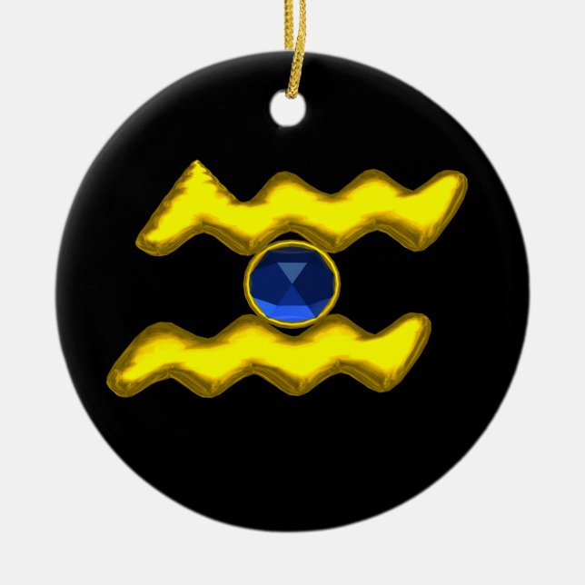 AQUARIUS ZODIAC BIRTHDAY JEWEL Blue Sapphire Gold Ceramic Ornament (Front)