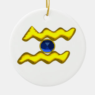 AQUARIUS ZODIAC BIRTHDAY JEWEL Blue Sapphire Gold Ceramic Ornament