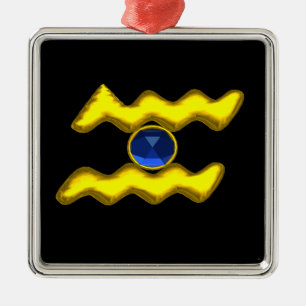 AQUARIUS ZODIAC BIRTHDAY JEWEL Blue Sapphire Gold Metal Ornament