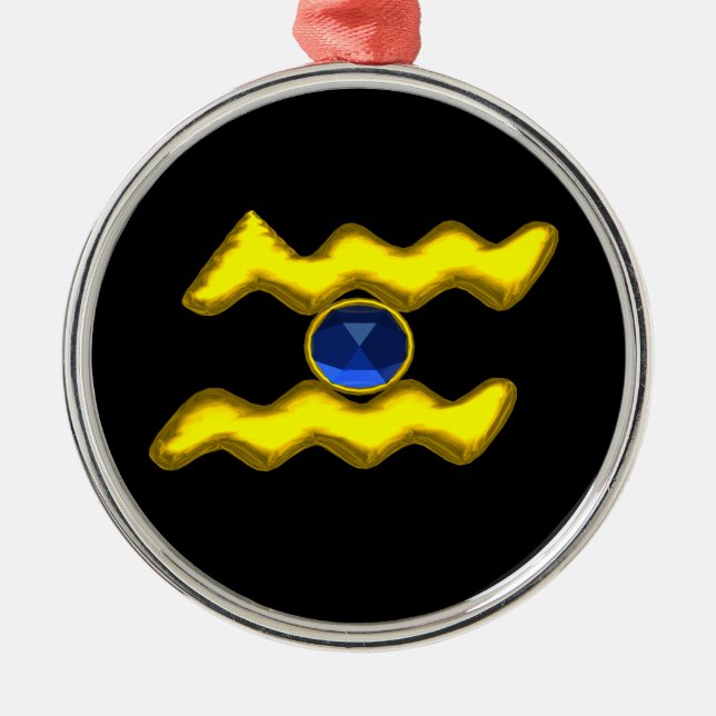 AQUARIUS ZODIAC BIRTHDAY JEWEL Blue Sapphire Gold Metal Ornament (Front)