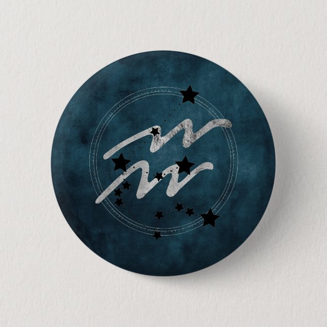 Aquarius zodiac black & silver constellation teal 2 inch round button (Front)