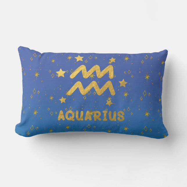 Aquarius Zodiac Blue and Gold Lumbar Pillow (Front)