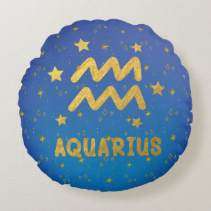 Aquarius Zodiac Blue and Gold Round Pillow