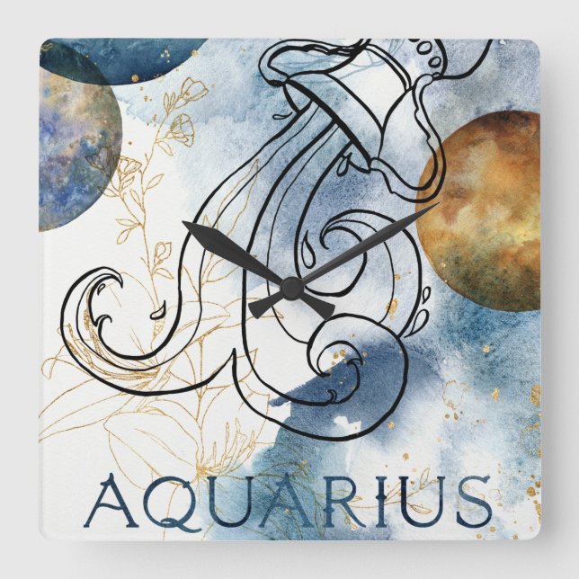 Aquarius zodiac blue black gold text planets  square wall clock (Front)