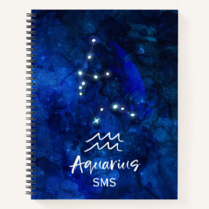 Aquarius Zodiac Constellation Blue Galaxy Monogram Notebook