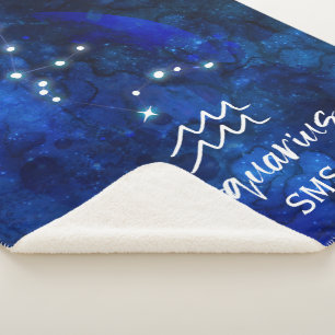Aquarius Zodiac Constellation Blue Galaxy Monogram Sherpa Blanket