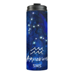 Aquarius Zodiac Constellation Blue Galaxy Monogram Thermal Tumbler