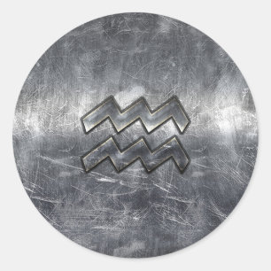Aquarius Zodiac Distressed Silver Steel Style Classic Round Sticker