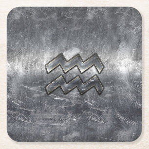 Aquarius Zodiac Distressed Silver Steel Style Square Paper Coaster