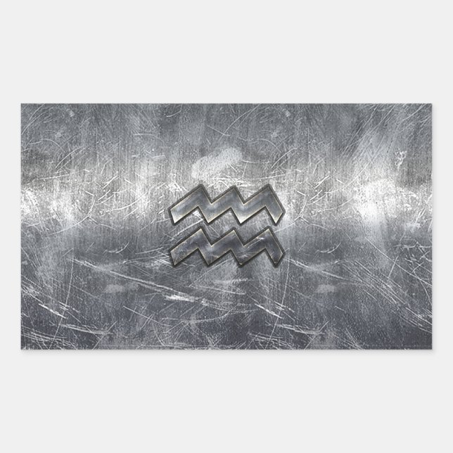 Aquarius Zodiac Distressed Silver Steel Style Sticker (Front)