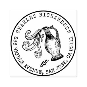 Aquarius Zodiac Hand-drawn Crest   Return Address Rubber Stamp