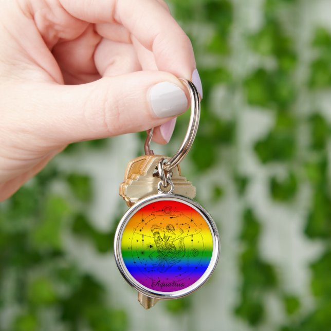 Aquarius Zodiac LGBTQ Pride Rainbow Design Keychain (Hand)