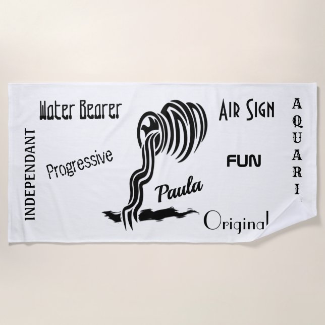 Aquarius Zodiac PERSONALIZED Trendy Text Beach Towel (Front)