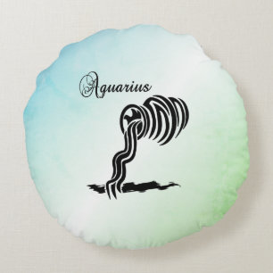 Aquarius Zodiac Sign and Symbol Blue Green Round Pillow