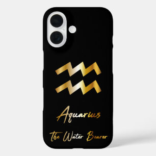 Aquarius Zodiac Sign, Black & Gold  iPhone 16 Case