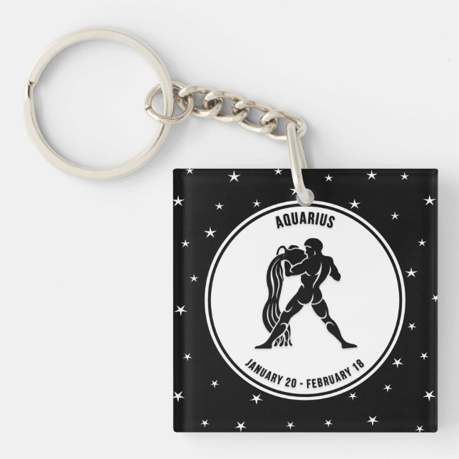 Aquarius Zodiac Sign, Black & White Keychain (Front)