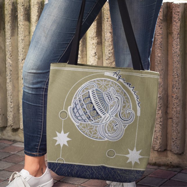 Aquarius Zodiac Sign Blue White Beige Mandala Tote Bag (Creator Uploaded)