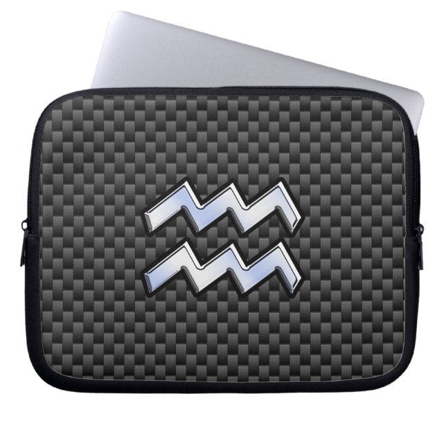 Aquarius Zodiac Sign Carbon Fibre Style Laptop Sleeve (Front)