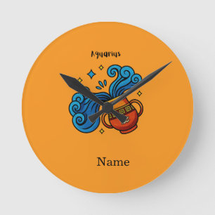 Aquarius Zodiac Sign Cartoon Illustration Round Clock