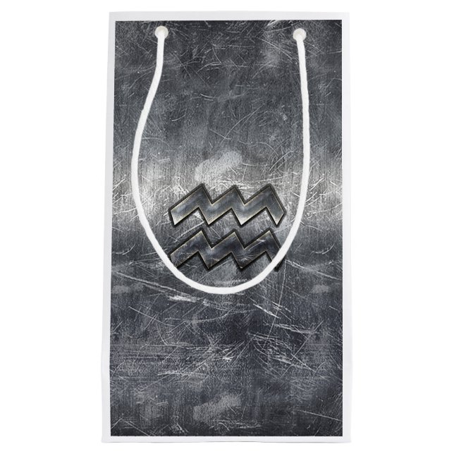 Aquarius Zodiac Sign Distressed Silver Steel Small Gift Bag (Front)