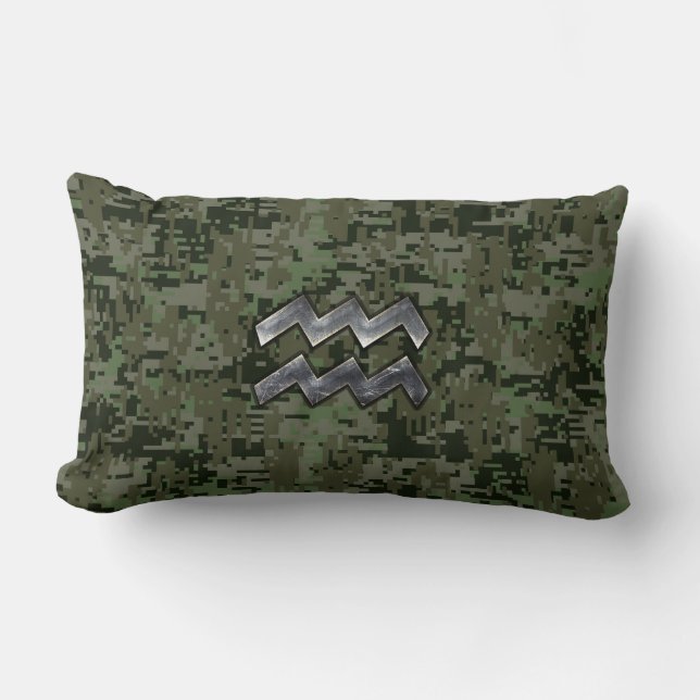 Aquarius Zodiac Sign Green Digital Camouflage Lumbar Pillow (Front)