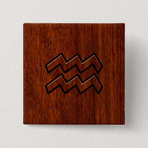Aquarius Zodiac Sign Mahogany Wood Style 2 Inch Square Button