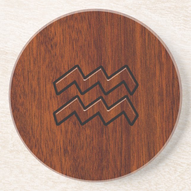 Aquarius Zodiac Sign Mahogany Wood Style Coaster (Front)