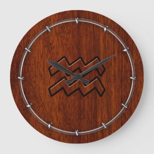 Aquarius Zodiac Sign Mahogany Wood Style Large Clock