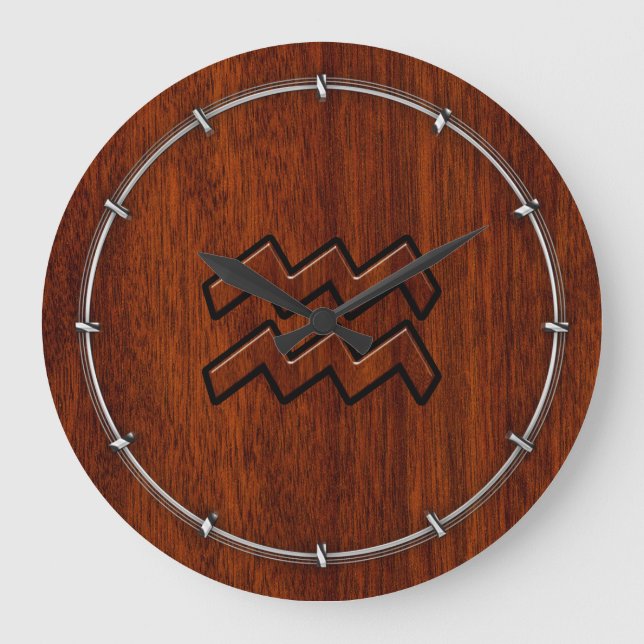 Aquarius Zodiac Sign Mahogany Wood Style Large Clock (Front)