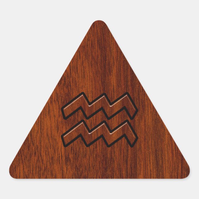 Aquarius Zodiac Sign Mahogany Wood Style Triangle Sticker (Front)