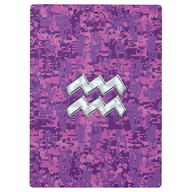 Aquarius Zodiac Sign on fuchsia digital camouflage Clipboard (Back)
