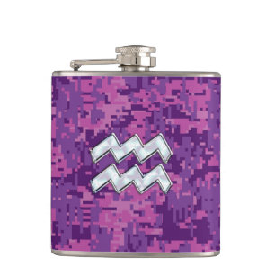 Aquarius Zodiac Sign on fuchsia digital camouflage Hip Flask