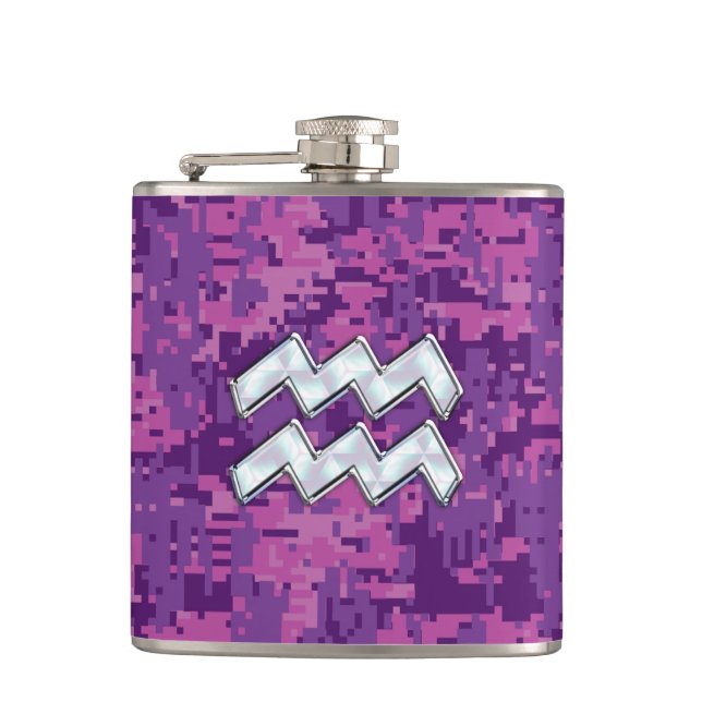 Aquarius Zodiac Sign on fuchsia digital camouflage Hip Flask (Front)
