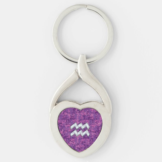 Aquarius Zodiac Sign on fuchsia digital camouflage Keychain (Front)