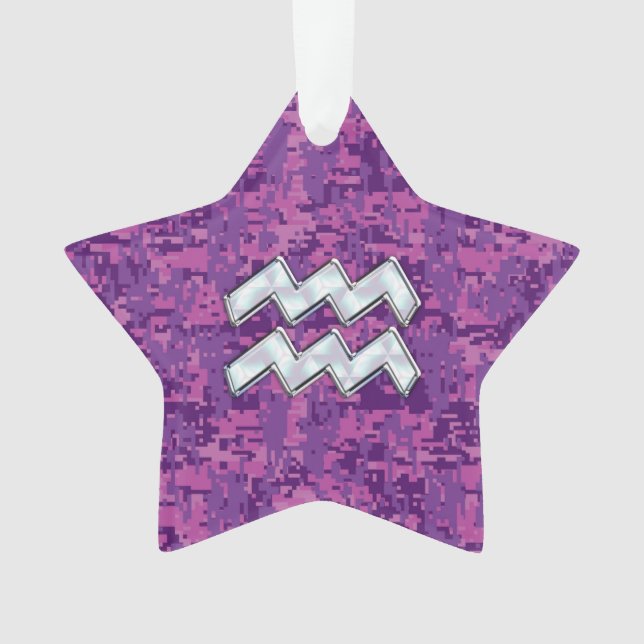 Aquarius Zodiac Sign on fuchsia digital camouflage Ornament (Front)
