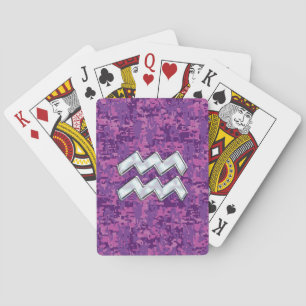 Aquarius Zodiac Sign on fuchsia digital camouflage Playing Cards
