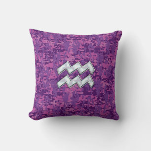 Aquarius Zodiac Sign on fuchsia digital camouflage Throw Pillow