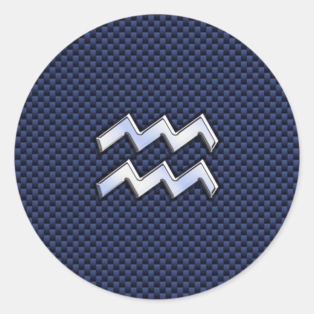 Aquarius Zodiac Sign on navy blue carbon fibre Classic Round Sticker (Front)