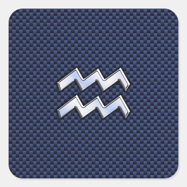 Aquarius Zodiac Sign on navy blue carbon fibre Square Sticker (Front)