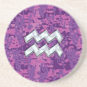 Aquarius Zodiac Sign on Pink Digital Camouflage Coaster