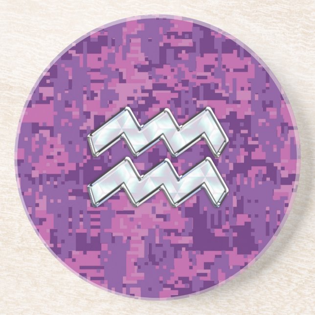 Aquarius Zodiac Sign on Pink Digital Camouflage Coaster (Front)