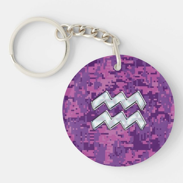 Aquarius Zodiac Sign on Pink Digital Camouflage Keychain (Front)