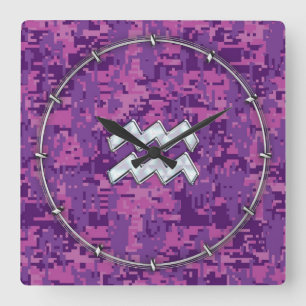 Aquarius Zodiac Sign on Pink Digital Camouflage Square Wall Clock