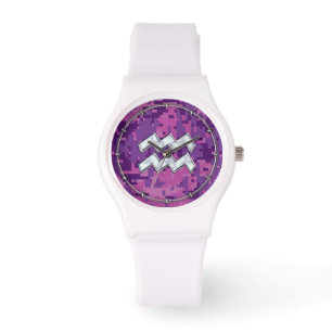 Aquarius Zodiac Sign on Pink Digital Camouflage Watch