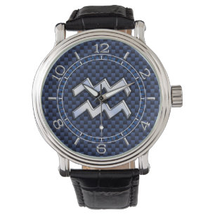 Aquarius Zodiac Sign on Royal Blue Carbon Dial Watch