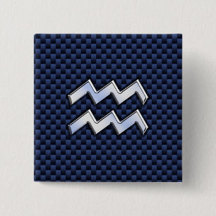 Aquarius Zodiac Sign on Royal Blue Carbon Fibre 2 Inch Square Button