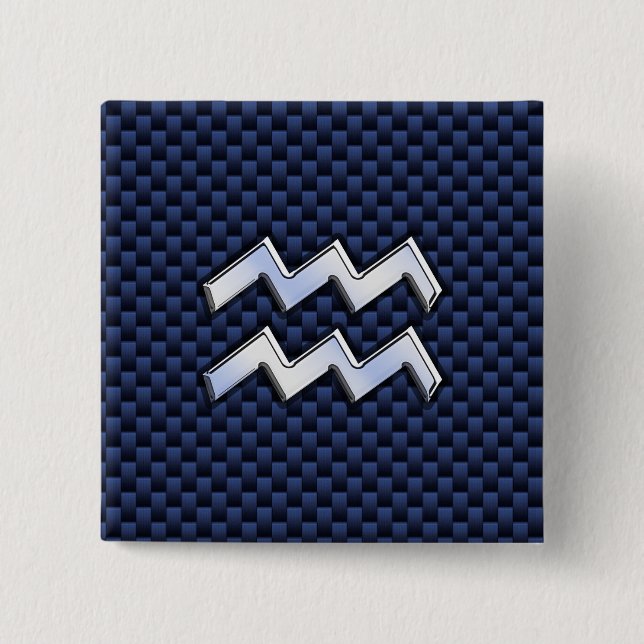 Aquarius Zodiac Sign on Royal Blue Carbon Fibre 2 Inch Square Button (Front)