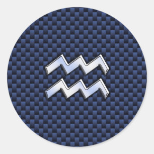 Aquarius Zodiac Sign on Royal Blue Carbon Fibre Classic Round Sticker