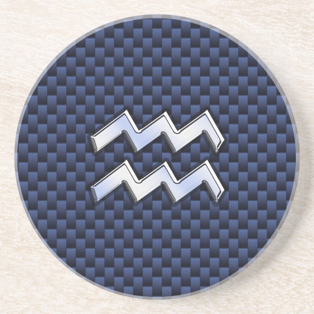 Aquarius Zodiac Sign on Royal Blue Carbon Fibre Coaster (Front)