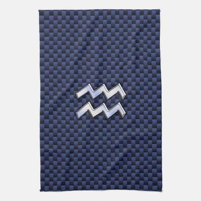 Aquarius Zodiac Sign on Royal Blue Carbon Fibre Kitchen Towel (Vertical)